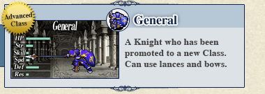 General: A Knight who has been promoted to a new Class. Can use lances and bows.
