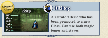 Bishop: A Curate/Cleric who has been promoted to a new Class. Can use both magic tomes and staves.