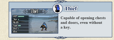 Thief: Capable of opening chests and doors, even without a key.