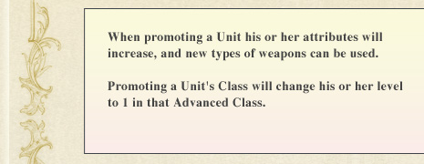 When promoting a Unit his or her attributes will increase, and new types of weapons can be used. Promoting a Unit's Class will change his or her level to 1 in that Advanced Class.