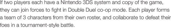 If two players each have a Nintendo 3DS system and copy of the game, they can join forces to fight in Double Duel co-op mode. Each player forms a team of 3 characters from their own roster, and collaborate to defeat their foes in a tournament-style battle.